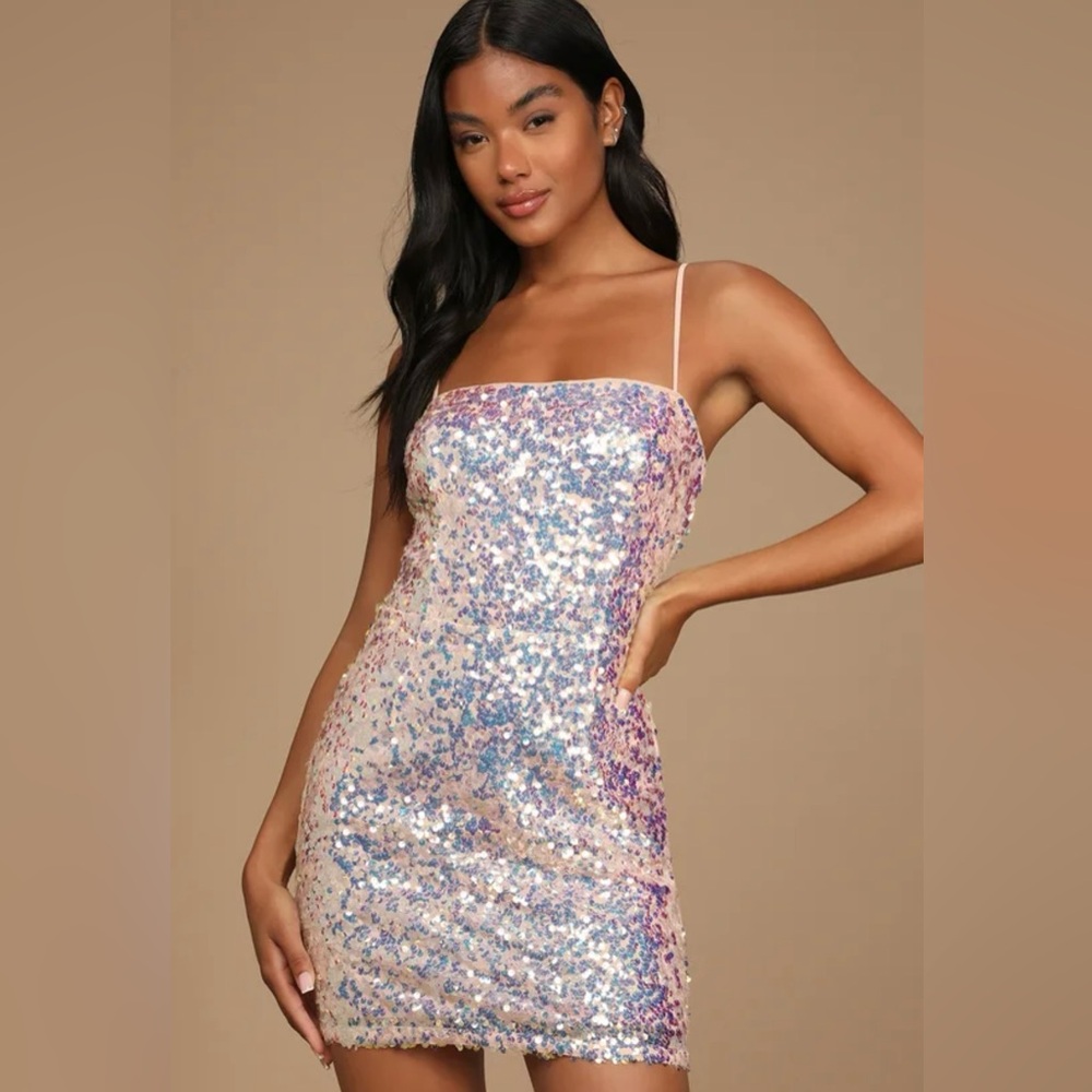 Lulus Bringing the Sparkle Blush Iridescent Sequin Bodycon Mini Dress